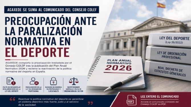 AGAXEDE se suma a la queja del consejo COLEF sobre la parálisis normativa en el deporte