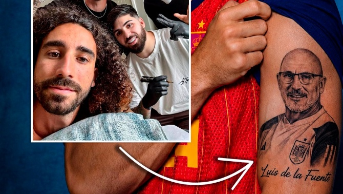 Marc Cucurella cumple su promesa y se tatúa a Luis de la Fuente tras ganar el Mundial