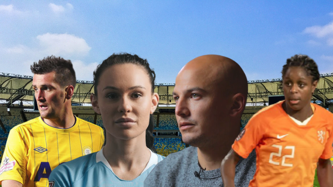 F: (de izquierda a derecha): Martin Fenin, Adriana Jones, Marcelo Tab&aacute;rez y Liza van der Most. Los cuatro futbolistas participaron en la campa&ntilde;a &ldquo;&iquest;Est&aacute;s listo para hablar?&rdquo;, lanzada por FIFPRO.