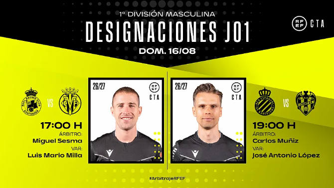 Estos son los árbitros para los partidos del domingo 16 de agosto de Primera División