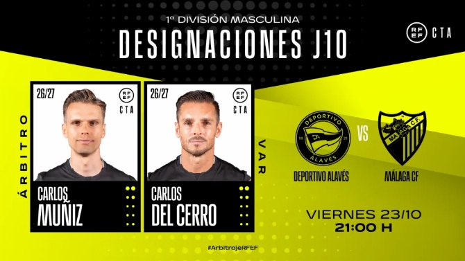 El árbitro Carlos Muñiz Muñoz dirigirá el partido entre Alavés y Málaga de este viernes
