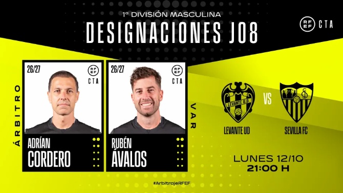 El árbitro Adrián Cordero Vega dirigirá el Levante-Sevilla de la octava jornada de LaLiga